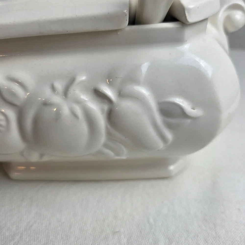 Vintage 50s Himark White Ceramic Fruit Embossed Tureen Lid Ladle Farmhouse Decor